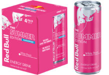 Pack shots of Red Bull Summer Edition White Peach flavour including a single 250ml can and a four pack of the sugar-free variant.