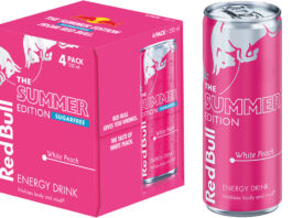 Summer kicks off for Red Bull with new White Peach flavour Pack shots of Red Bull Summer Edition White Peach flavour including a single 250ml can and a four pack of the sugar-free variant.