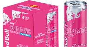 Pack shots of Red Bull Summer Edition White Peach flavour including a single 250ml can and a four pack of the sugar-free variant.