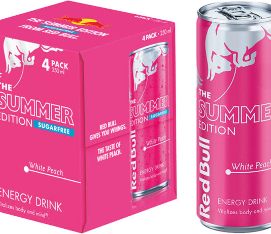 Summer kicks off for Red Bull with new White Peach flavour Pack shots of Red Bull Summer Edition White Peach flavour including a single 250ml can and a four pack of the sugar-free variant.