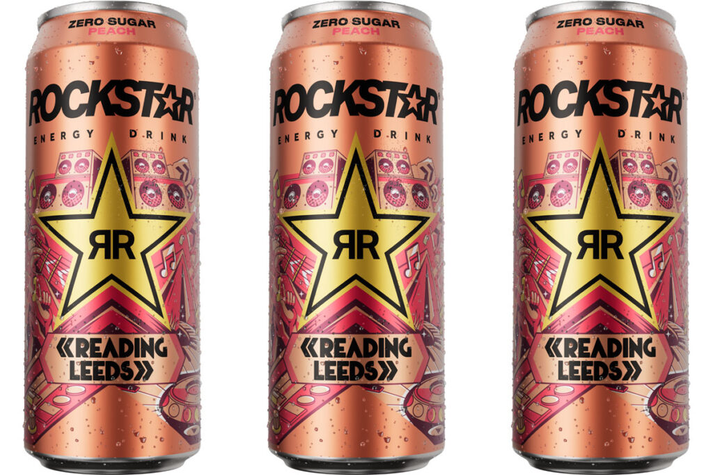 Pack shots of Rockstar Energy Zero Sugar Peach cans.