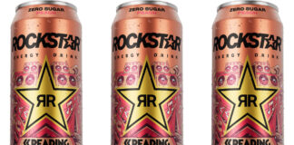 Pack shots of Rockstar Energy Zero Sugar Peach cans.
