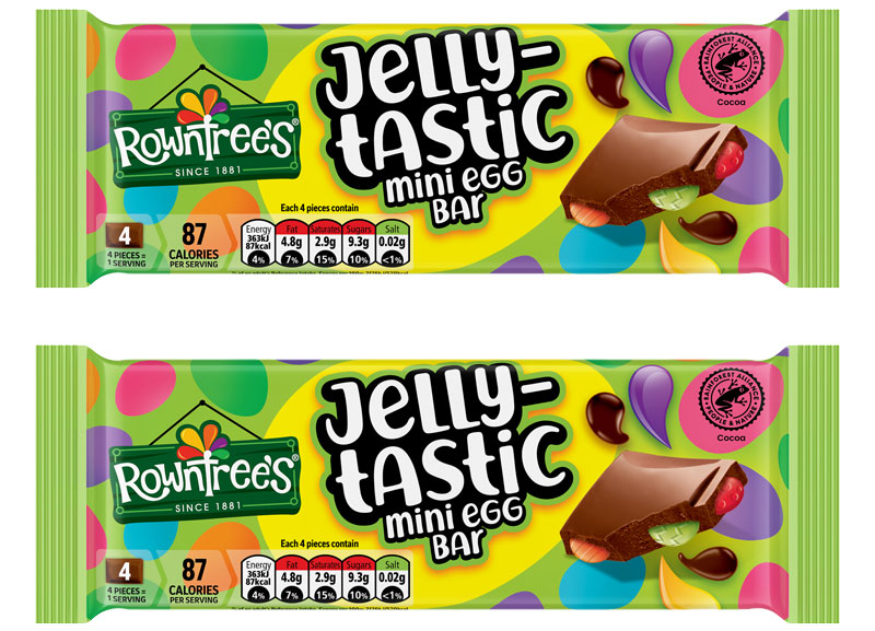 Pack shots of Rowntree's Jelly-tastic Mini Egg Bar.