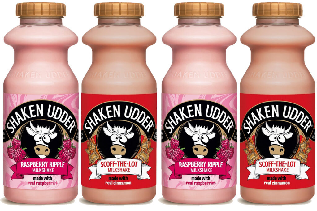 Pack shots of Shaken Udder Raspberry Ripple and Shaken Udder Scoff-the-Lot milkshakes.