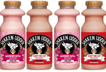 Pack shots of Shaken Udder Raspberry Ripple and Shaken Udder Scoff-the-Lot milkshakes.