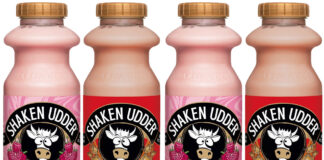 Pack shots of Shaken Udder Raspberry Ripple and Shaken Udder Scoff-the-Lot milkshakes.