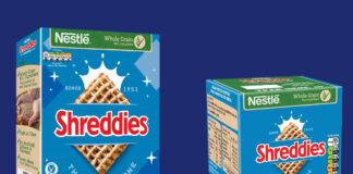 Pack shots of multipacks of Shreddies The Frosted One against a dark blue background.