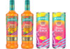 Pack shots of Smirnoff Miami Peach including a 700ml bottle as well as 250ml slimline cans of Smirnoff Miami Peach and Lemonade.