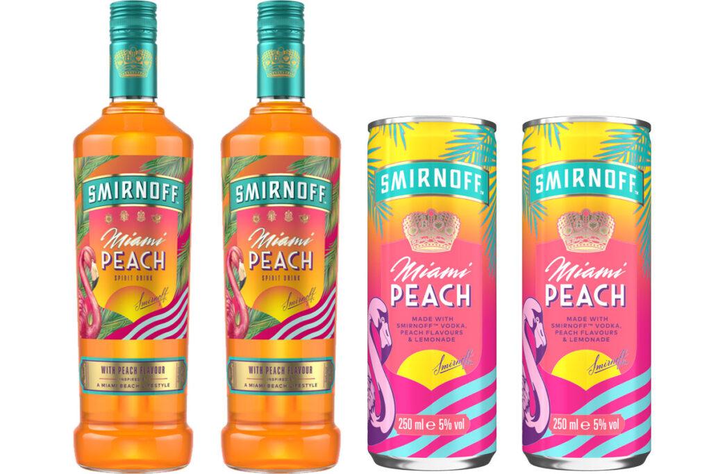 Pack shots of Smirnoff Miami Peach including a 700ml bottle as well as 250ml slimline cans of Smirnoff Miami Peach and Lemonade.