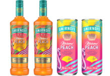 Pack shots of Smirnoff Miami Peach including a 700ml bottle as well as 250ml slimline cans of Smirnoff Miami Peach and Lemonade.