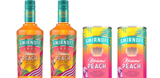 Pack shots of Smirnoff Miami Peach including a 700ml bottle as well as 250ml slimline cans of Smirnoff Miami Peach and Lemonade.