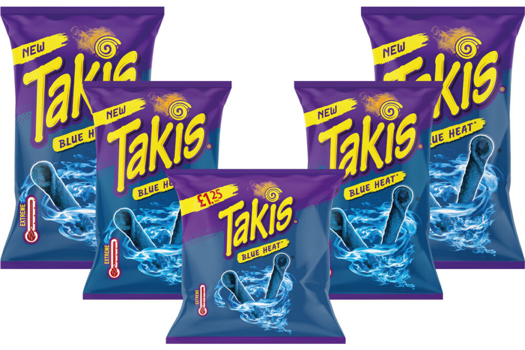 Pack shots of different format sizes of Takis Blue Heat including 120g, 100g and 55g PMP packs.