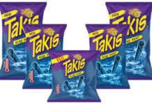 Pack shots of different format sizes of Takis Blue Heat including 120g, 100g and 55g PMP packs.