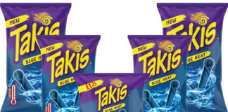 Pack shots of different format sizes of Takis Blue Heat including 120g, 100g and 55g PMP packs.