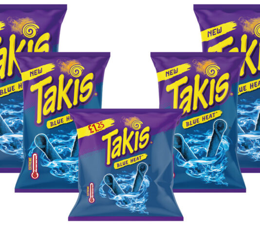 Takis rolls out Blue Heat flavour across the UK Pack shots of different format sizes of Takis Blue Heat including 120g, 100g and 55g PMP packs.