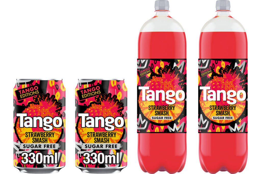 Pack shots of Tango Editions Limited Edition Strawberry Smash including 330ml cans and 2 litre bottles.