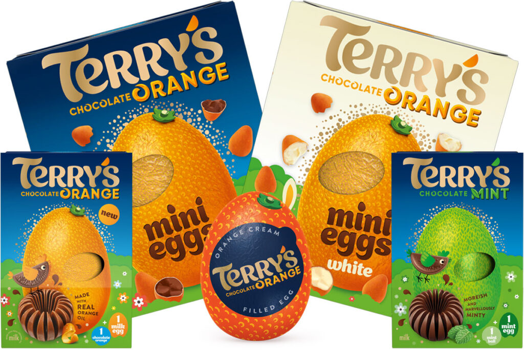 Pack shots of Terry's Chocolate Easter range including Terry's Chocolate Orange Mini Eggs Easter Egg, Terry's Chocolate Orange White Mini Eggs Easter Egg, Terry's Chocolate Orange Easter Egg, Terry's Chocolate Orange Mint Easter Egg and Terry's Chocolate Orange Orange Cream Filled Egg.