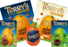 Pack shots of Terry's Chocolate Easter range including Terry's Chocolate Orange Mini Eggs Easter Egg, Terry's Chocolate Orange White Mini Eggs Easter Egg, Terry's Chocolate Orange Easter Egg, Terry's Chocolate Orange Mint Easter Egg and Terry's Chocolate Orange Orange Cream Filled Egg.