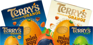 Pack shots of Terry's Chocolate Easter range including Terry's Chocolate Orange Mini Eggs Easter Egg, Terry's Chocolate Orange White Mini Eggs Easter Egg, Terry's Chocolate Orange Easter Egg, Terry's Chocolate Orange Mint Easter Egg and Terry's Chocolate Orange Orange Cream Filled Egg.