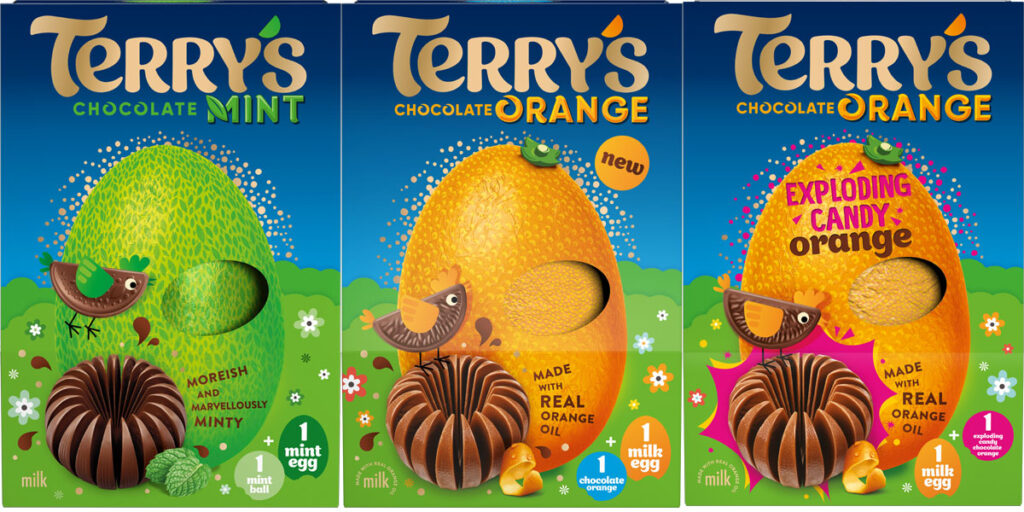 Pack shots of Terry's Chocolate Orange Easter Egg range including Terry's Chocolate Orange Mint Egg, Orange Egg and Exploding Candy Egg.