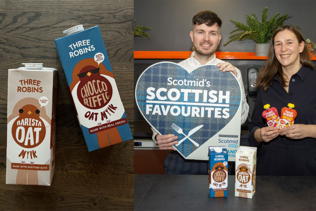 Cartons of Three Robins Barista Oat Mylk and Choco-riffic Oat Mylk lie on a wooden table in the left image whilst Three Robins founder Karen Robinson stands with Steve Addison, local sourcing manager at Scotmid, Robinson holds two Three Robins branded pouches whilst Addison holds the Scotmid Scottish Favourites sign with the two Oat Mylk cartons on the table in front of them in the right image.