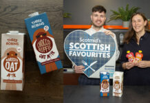 Cartons of Three Robins Barista Oat Mylk and Choco-riffic Oat Mylk lie on a wooden table in the left image whilst Three Robins founder Karen Robinson stands with Steve Addison, local sourcing manager at Scotmid, Robinson holds two Three Robins branded pouches whilst Addison holds the Scotmid Scottish Favourites sign with the two Oat Mylk cartons on the table in front of them in the right image.