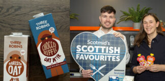 Cartons of Three Robins Barista Oat Mylk and Choco-riffic Oat Mylk lie on a wooden table in the left image whilst Three Robins founder Karen Robinson stands with Steve Addison, local sourcing manager at Scotmid, Robinson holds two Three Robins branded pouches whilst Addison holds the Scotmid Scottish Favourites sign with the two Oat Mylk cartons on the table in front of them in the right image.