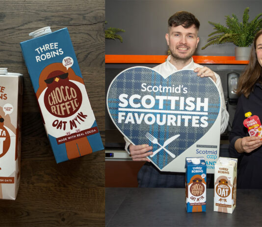 Three Robins celebrates Scotmid listings with new Oat Mylk lines Cartons of Three Robins Barista Oat Mylk and Choco-riffic Oat Mylk lie on a wooden table in the left image whilst Three Robins founder Karen Robinson stands with Steve Addison, local sourcing manager at Scotmid, Robinson holds two Three Robins branded pouches whilst Addison holds the Scotmid Scottish Favourites sign with the two Oat Mylk cartons on the table in front of them in the right image.