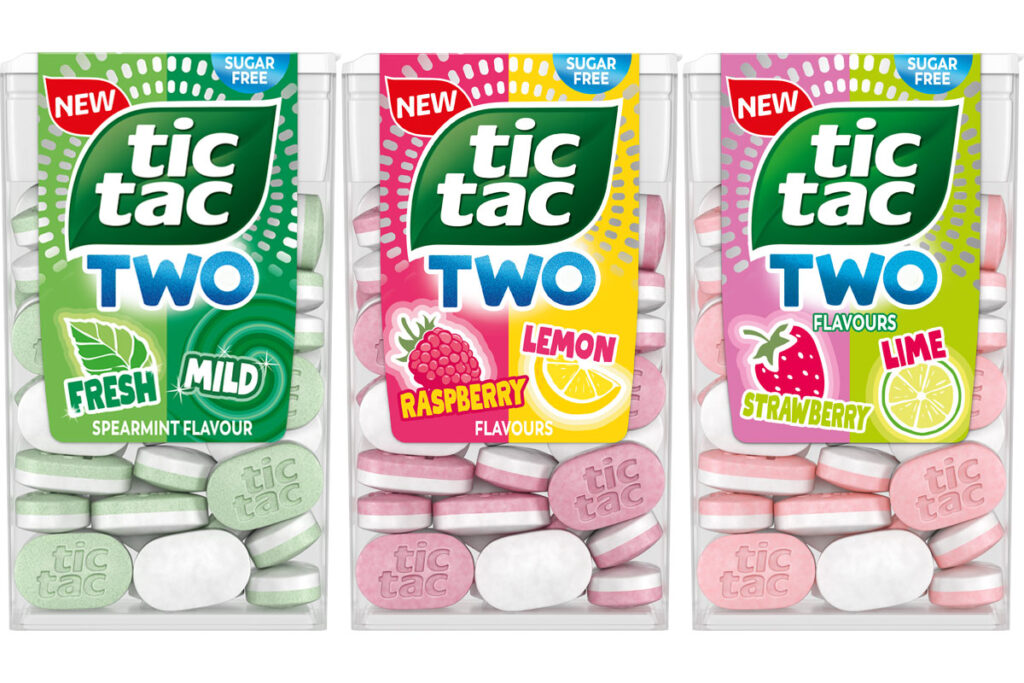 Pack shots of Tic Tac Two Spearmint , Strawberry & Lemon and Raspberry & Lime.