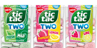 Pack shots of Tic Tac Two Spearmint , Strawberry & Lemon and Raspberry & Lime.