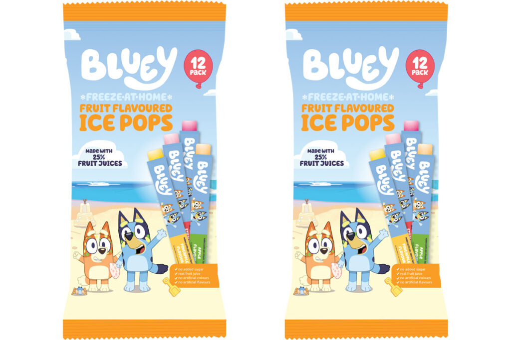 Pack shots of Bluey Freeze-At-Home Fruit Flavoured Ice Pops.