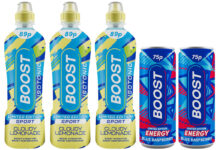 Pack shots of Boost Sport Limited Edition Cloudy Lemonade and Boost Energy Blue Raspberry cans.