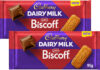 Pack shots of Cadbury Dairy Milk Lotus Biscoff chocolate bars.