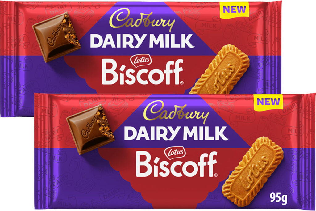 Pack shots of Cadbury Dairy Milk Lotus Biscoff chocolate bars.