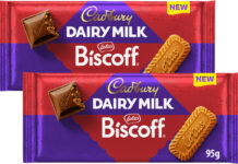 Pack shots of Cadbury Dairy Milk Lotus Biscoff chocolate bars.