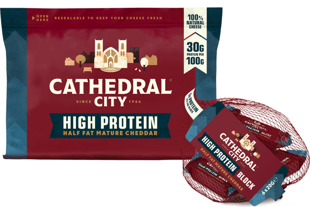 Pack shot of Cathedral City High Protein Half Fat cheese block and Cathedral City Protein Half Fat Minis.