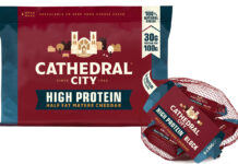 Pack shot of Cathedral City High Protein Half Fat cheese block and Cathedral City Protein Half Fat Minis.