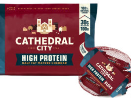 Cathedral City unveils success for High Protein Half Fat cheese Pack shot of Cathedral City High Protein Half Fat cheese block and Cathedral City Protein Half Fat Minis.