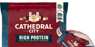 Pack shot of Cathedral City High Protein Half Fat cheese block and Cathedral City Protein Half Fat Minis.