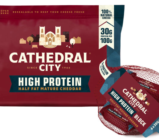 Cathedral City unveils success for High Protein Half Fat cheese Pack shot of Cathedral City High Protein Half Fat cheese block and Cathedral City Protein Half Fat Minis.