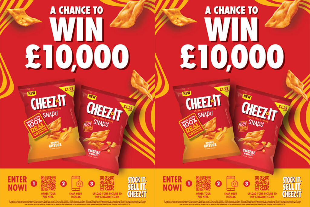 Promotional posters for Cheez-It competition which is offering retailers a chance to win £10,000. The poster features pack shots of the Cheez-It range consisting of Double Cheese and Cheese & Chilli.