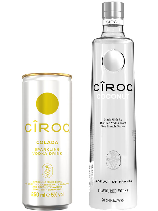 Pack shots of Cîroc Vodka Colada Can and Cîroc Coconut Vodka bottle.