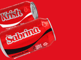 Coca-Cola reignites ‘Share a Coke’ with names back on cans A can of Coca-Cola Original Taste and Coca-Cola Zero Sugar with the names Kristi and Sabrina on them respectively against a red background.