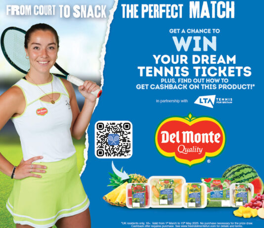 Del Monte serves up new tennis LTA competition Jodie Burrage poses holding a tennis rackets against a tennis court background with a blue colour breaking into this with a torn paper effect for a Del Monte branded competition, the text. reads "From Court to Snack The Perfect Match Get a Chance to Win Your Dream Tennis Tickets Plus, Find out how to get cashback on this product" with the LTA logo, a QR code for the competition and the Del Monte logo along with an array of Del Monte fresh fruit packs as well as fresh fruit sitting around these packs.