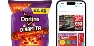 Pack shot of Doritos Dinamita £1.25 PMP with an image of the shopt* carousel on an iPhone screen.