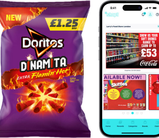 Win prizes in Doritos Dinamita *shopt promotion Pack shot of Doritos Dinamita £1.25 PMP with an image of the shopt* carousel on an iPhone screen.