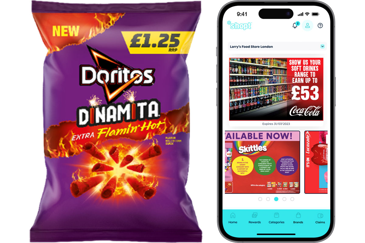 Pack shot of Doritos Dinamita £1.25 PMP with an image of the shopt* carousel on an iPhone screen.