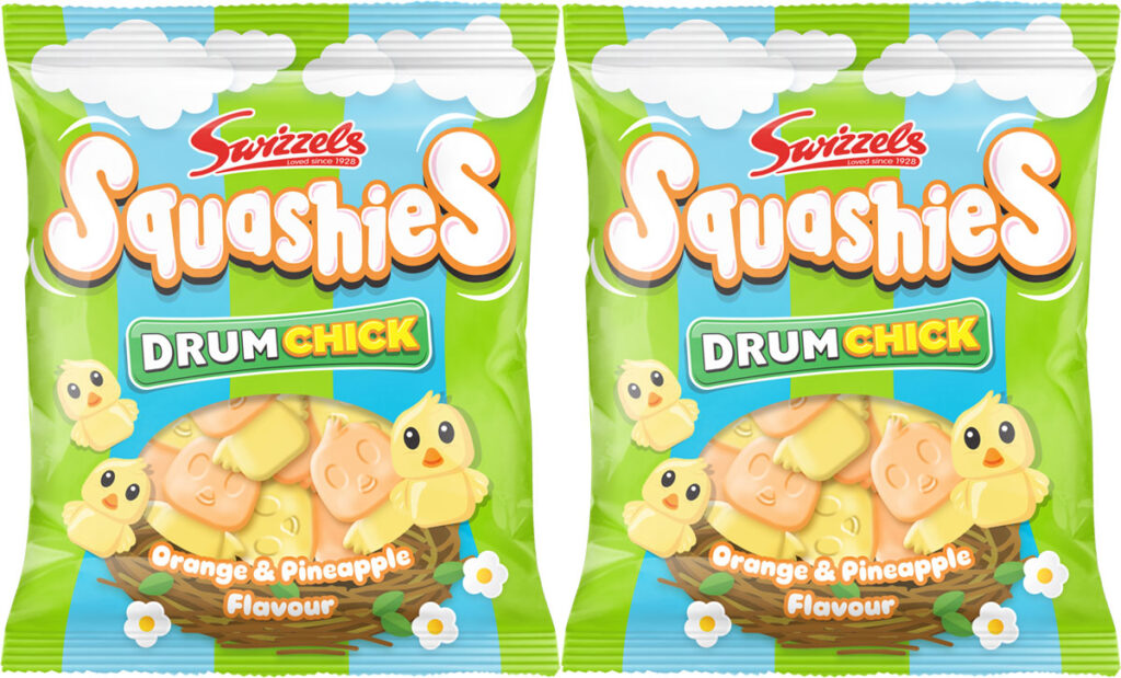 Pack shots of Swizzels Squashies Drumchick.