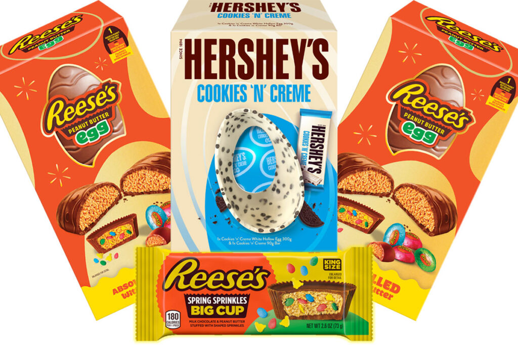 Pack shots of Hershey's and Reese's Easter range including Hershey's Cookies 'N' Creme Egg, Reese's Peanut Butter Egg and Reese's Spring Sprinkles Big Cup King Size.