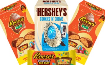 Pack shots of Hershey's and Reese's Easter range including Hershey's Cookies 'N' Creme Egg, Reese's Peanut Butter Egg and Reese's Spring Sprinkles Big Cup King Size.